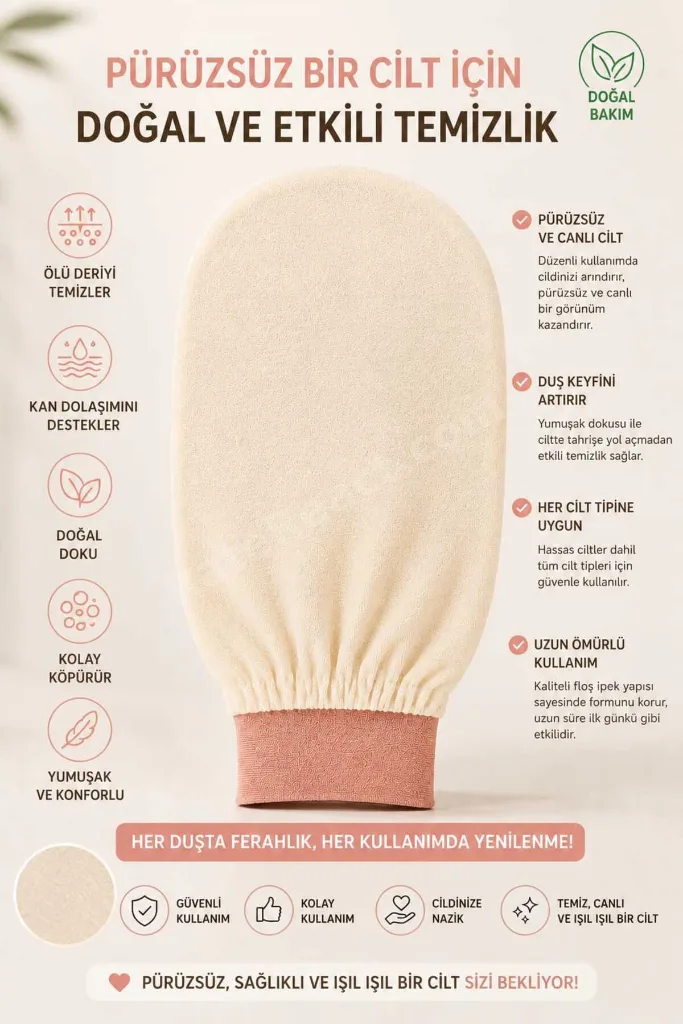 %100 Floş İpek Banyo Kesesi - Peeling Eldiveni - Hamam Kesesi - Vücut Bakım Lifi - Ölü Deri Temizleyici - Cilt Temizleme - Ekru