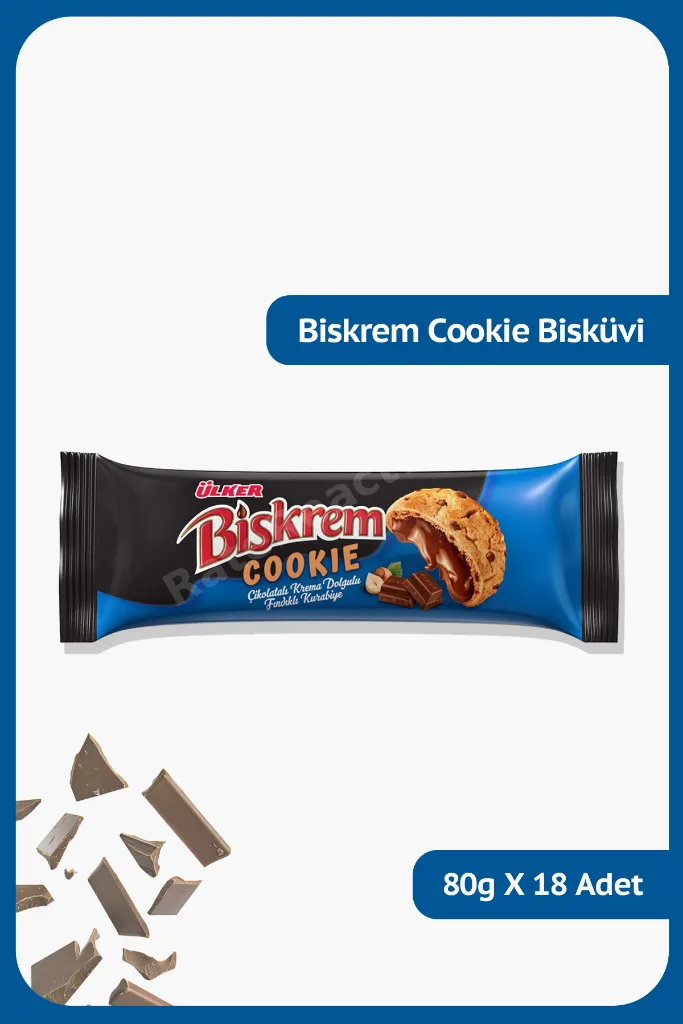 BİSKREM Cookie-Bitter Çikolatalı Krema Dolgulu Fındıklı, Kakao Parçacıklı Kurabiye-80 gram-18 Adet