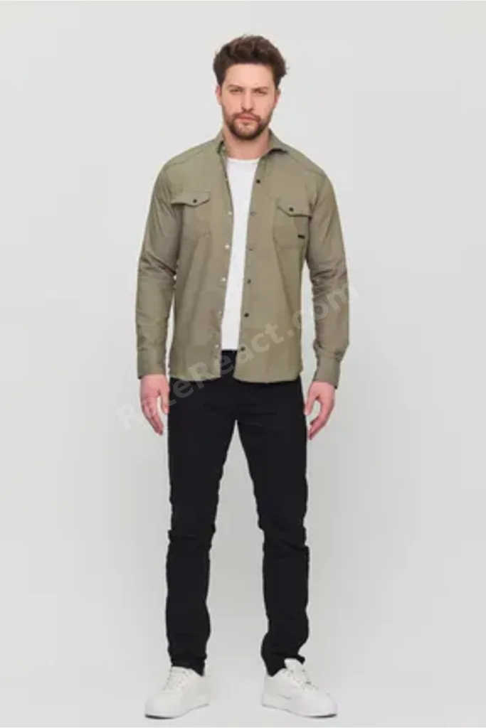 Slim Fit Dar Kalıp Kot Gömlek Açık Haki