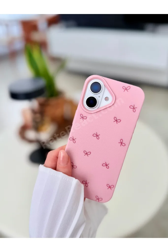 Iphone 16 Uyumlu Baskı Pembe Fiyonk Tasarımlı Esnek Koruyucu Silikon Kılıf