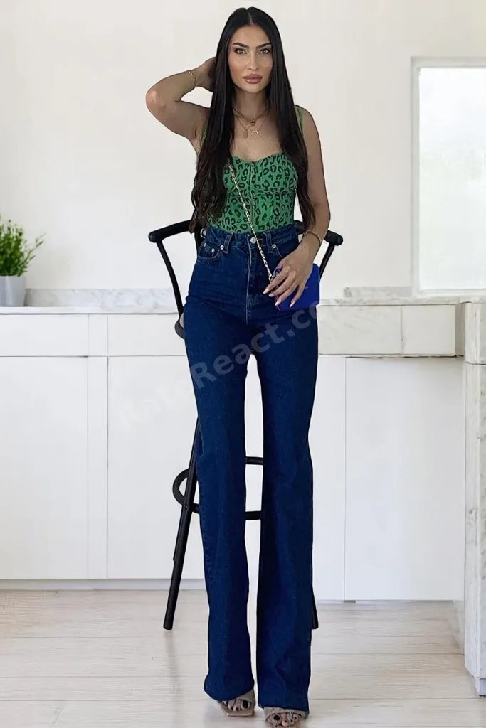 Koyu Mavi Yüksek Bel Wide Leg Kadın Jean