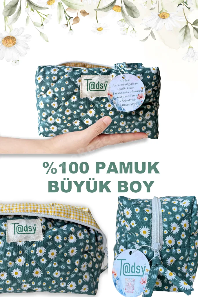Papatya Desenli %100 Pamuk Makyaj ve Kozmetik Çantası | 22x12x10 cm | Seyahat Organizer