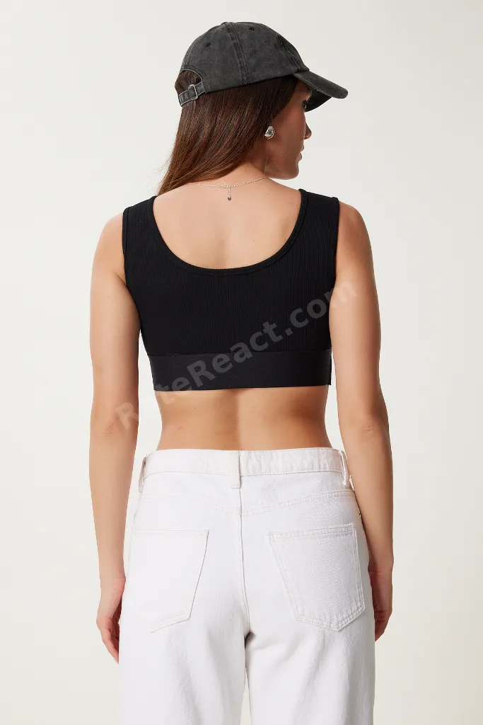 Kadın Siyah Baskılı Lastik Detaylı Fitilli Spor Sütyeni US00968