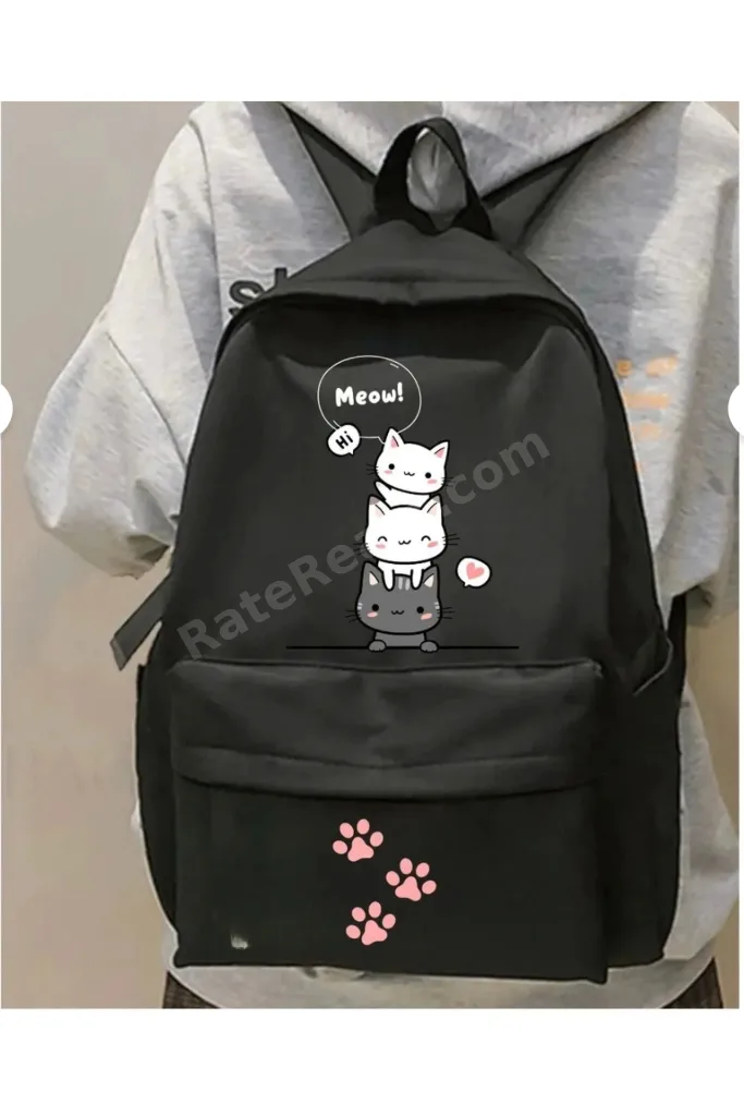Siyah Cartoon meow Baskılı Okul Kurs Dershane Okul Sırt Çantası -Ghostella