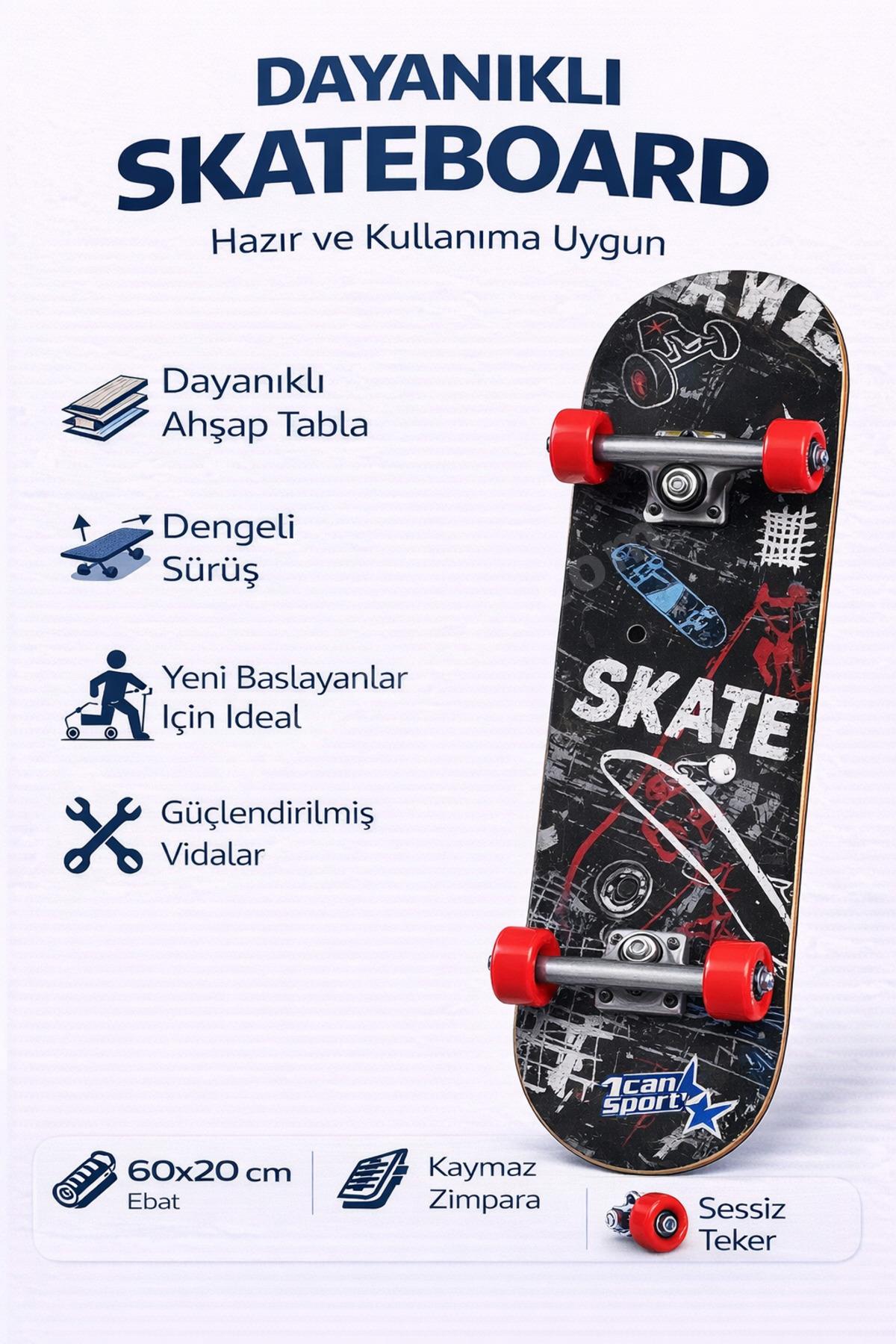 Kaykay Sokak Desenli 60x20 cm | Dayanıklı Ahşap Tabla | Kaymaz Zımpara | Dengeli Sürüş