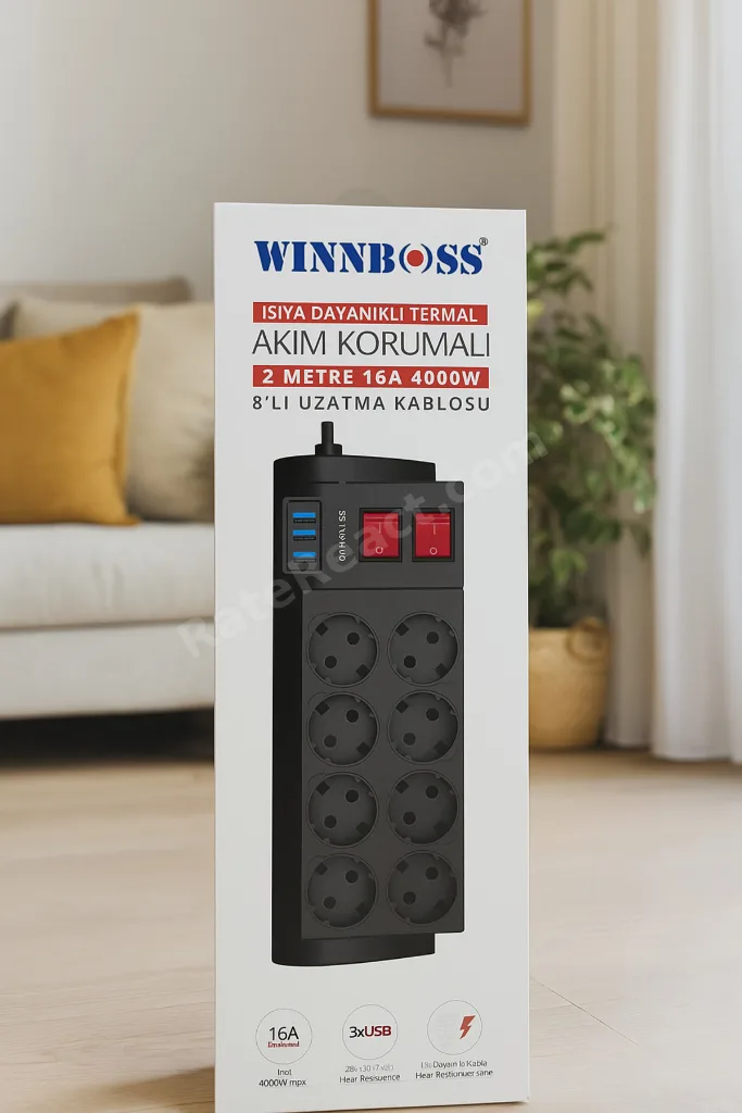 Termal Akım Korumalı Anahtarlı 8li Priz 2mt 8li 3xusb 16A 4000W