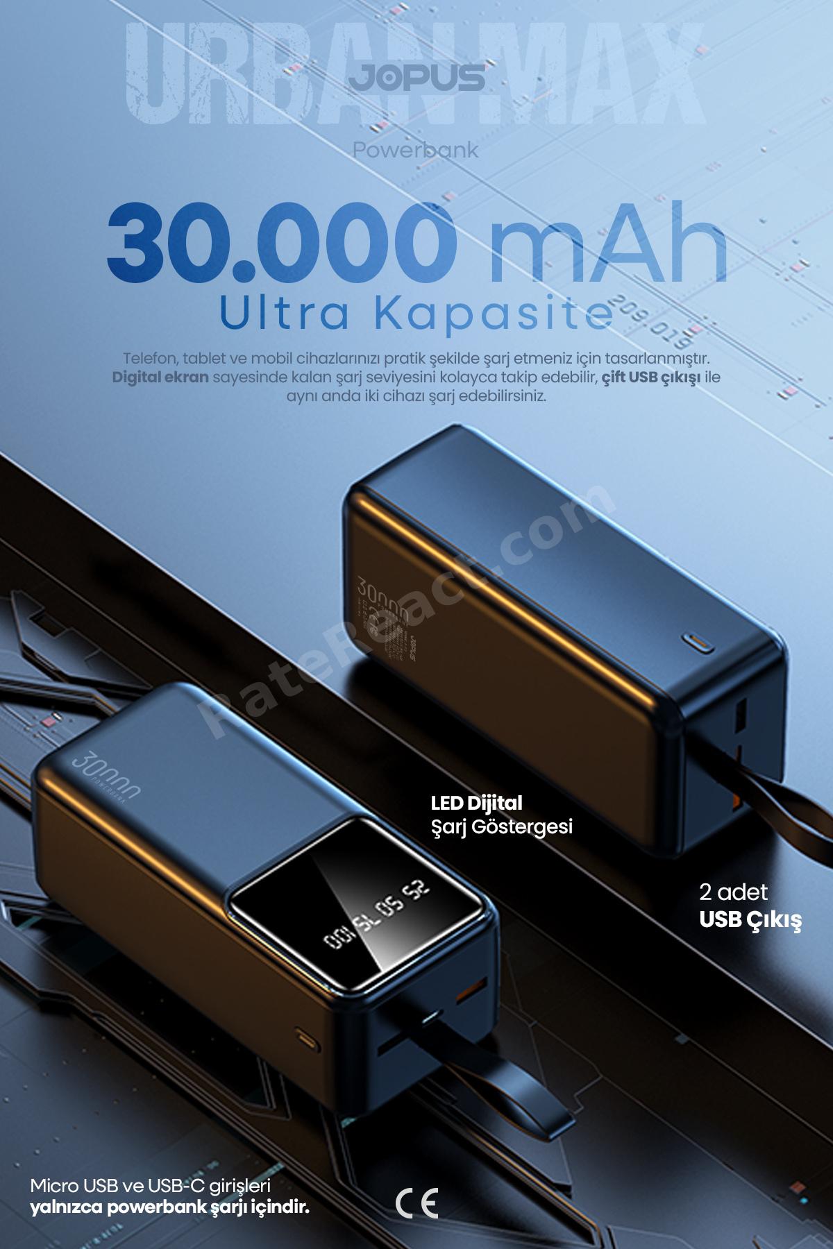 30000mAh Powerbank LCD Ekranlı Taşıma Askılı Güçlü Taşınabilir Şarj Cihazı Siyah JP-P12