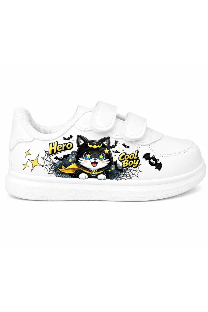 siyah uçan kedi baskılı beyaz bantlı çocuk spor ayakkabı sneaker