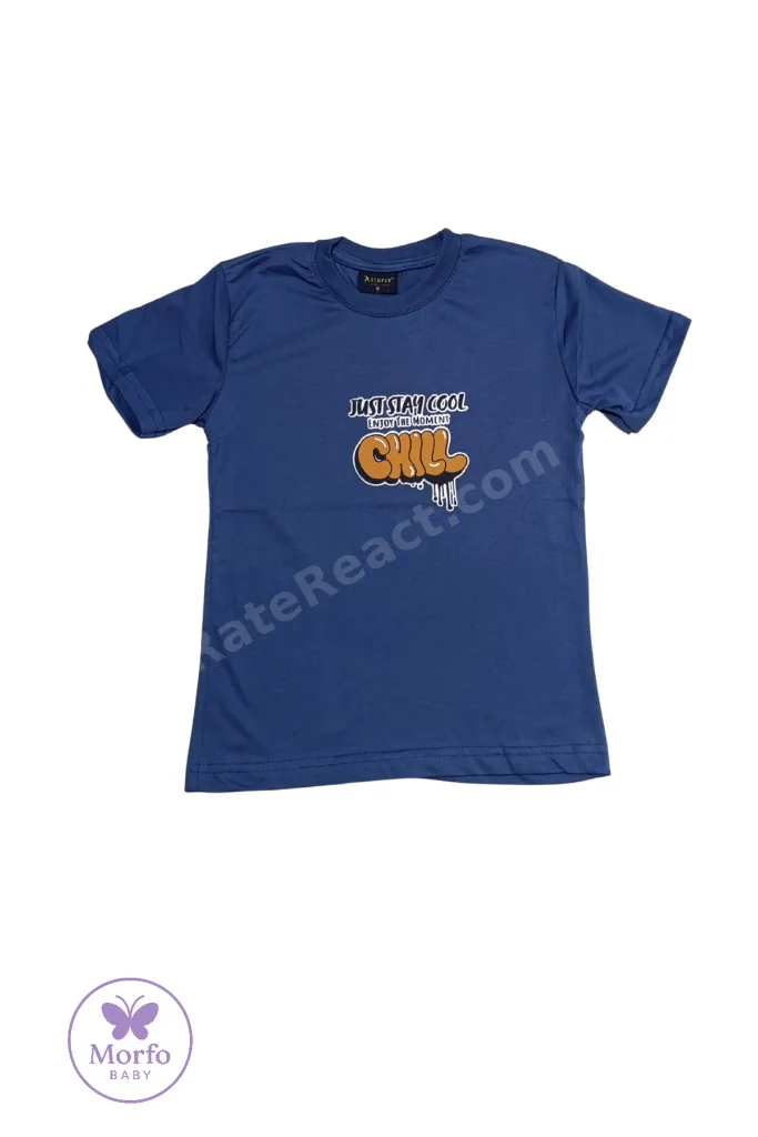 Erkek Çocuk Saks Mavi Just Stay Cool Baskılı Bisiklet Yaka T-shirt