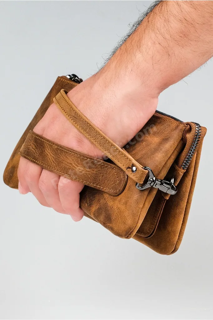 %100 Deri Unisex El Çantası - Erkek & Kadın Için Hediye - Hakiki Dana Derisi Çanta - Kahverengi/taba