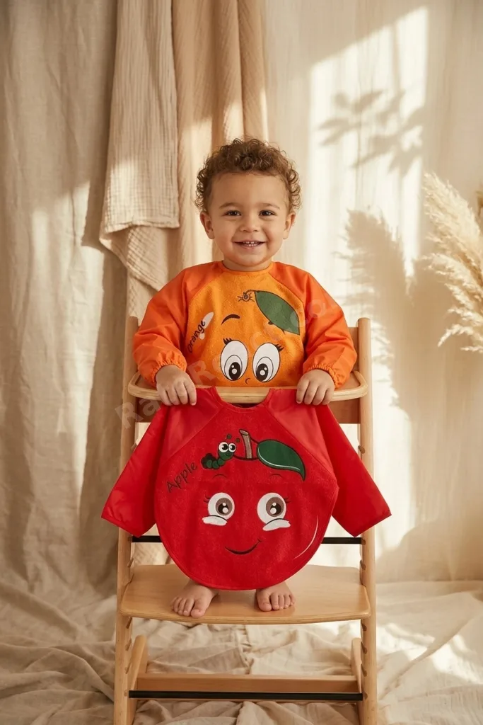 Sıvı Geçirmez Uzun Kollu Bebek Mama Önlüğü - 2'li Set 6-24 Ay Elma Ve Portakal Desenli Blw Uyumlu Ye