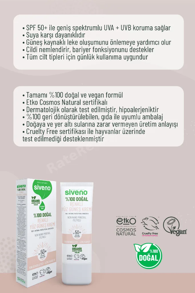 %100 Doğal Yüz Güneş Kremi Renkli Ton Eşitleyici Leke Karşıtı SPF 50+ UVA UVB 30 ml
