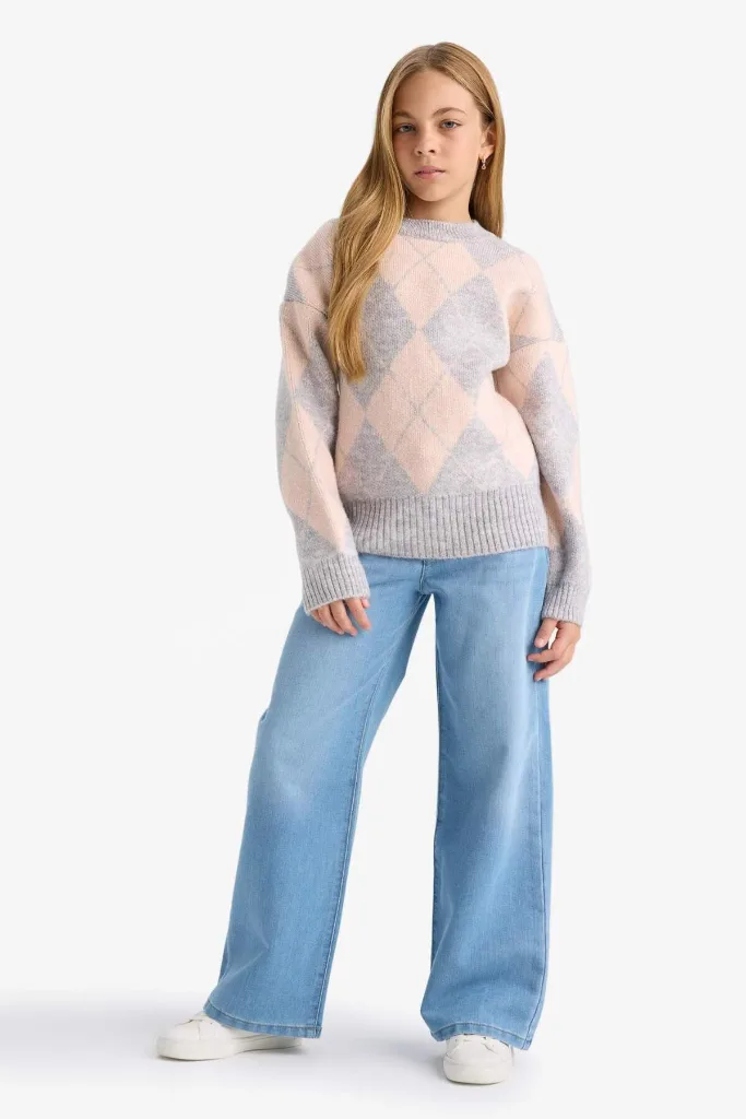 Oversize Geniş Kalıp Bisiklet Yaka Baklava Desenli Triko Kazak Kız Çocuk F5517A825WN