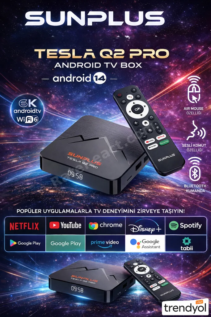 | Tesla Q2 Pro | 6K Android Tv Box | 2+16G | Ses Komutlu + Bluetooth Air Kumanda