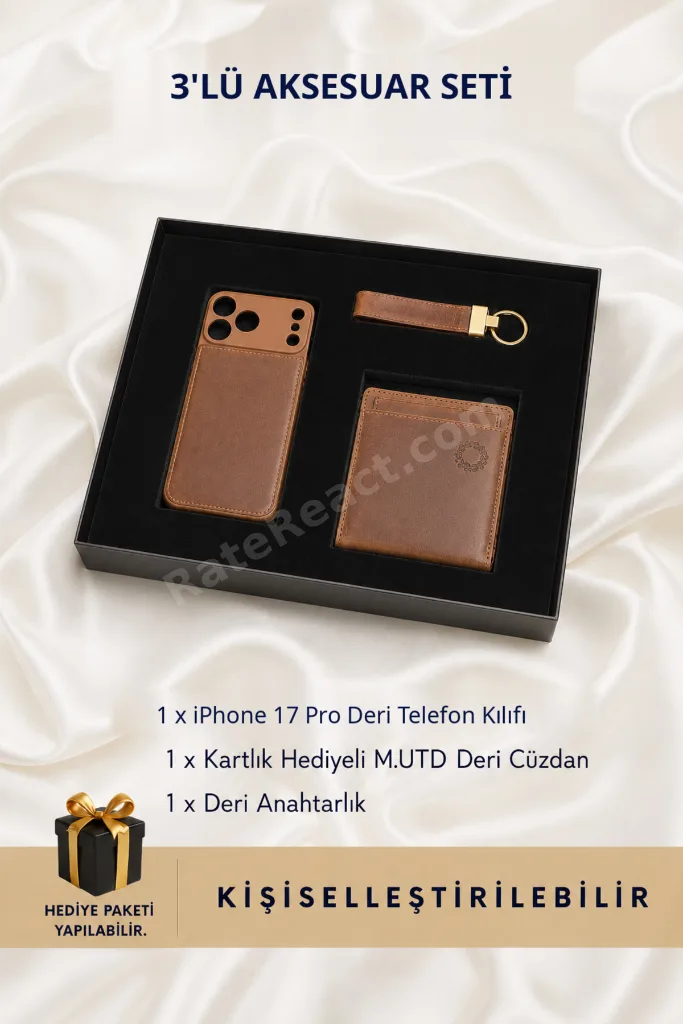 Premium Hakiki Deri Hediye Seti - Eskitme Taba Cüzdan Anahtarlık & iPhone 17 Pro Telefon Kılıfı