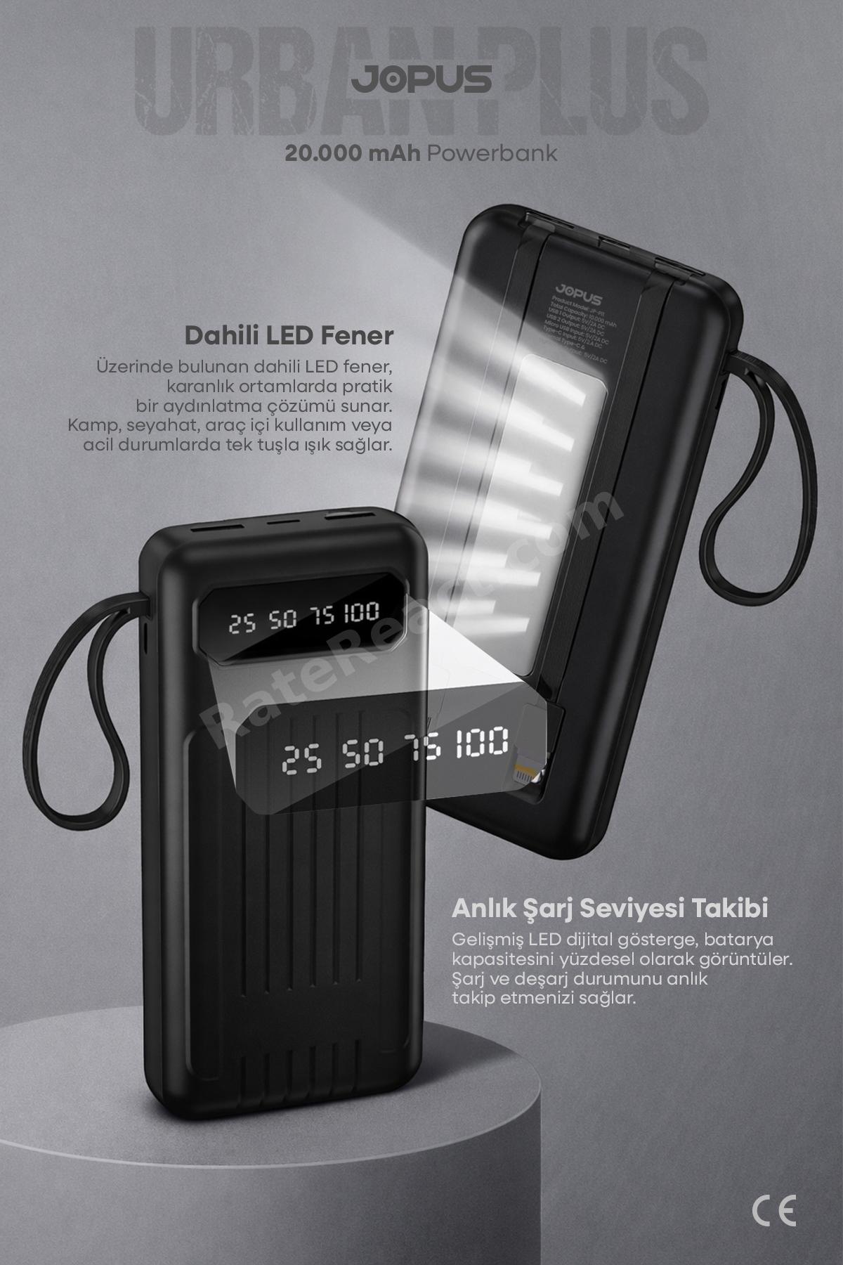 20000mAh PowerBank Dahili Kablolu, LCD Ekranlı, LED Lambalı, Taşınabilir Şarj Cihazı - Siyah JP-P11A