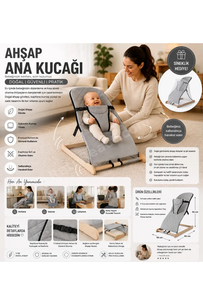 Ahşap Sallanır Ana kucağı Ve Bebek Dinlenme Koltuğu Sineklik Hediyeli - Gabardin Kumaş