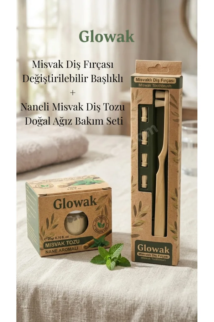Misvak Diş Fırçası Değiştirilebilir Başlıklı + Naneli Misvak Diş Tozu Doğal Ağız Bakım Seti