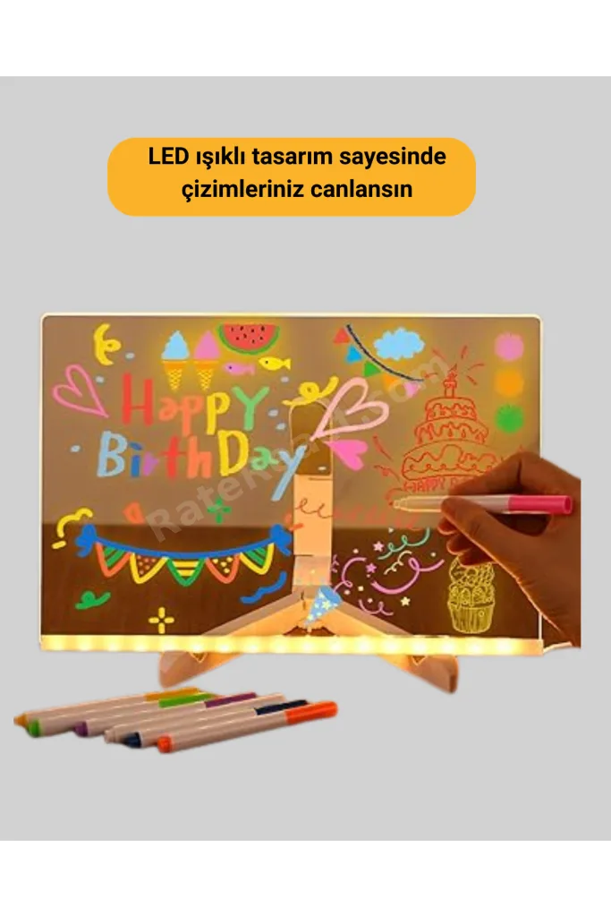Renkli Kalemli LED Akrilik Yazı Tahtası, Şık ve Parlak Dekorasyon Ürünü