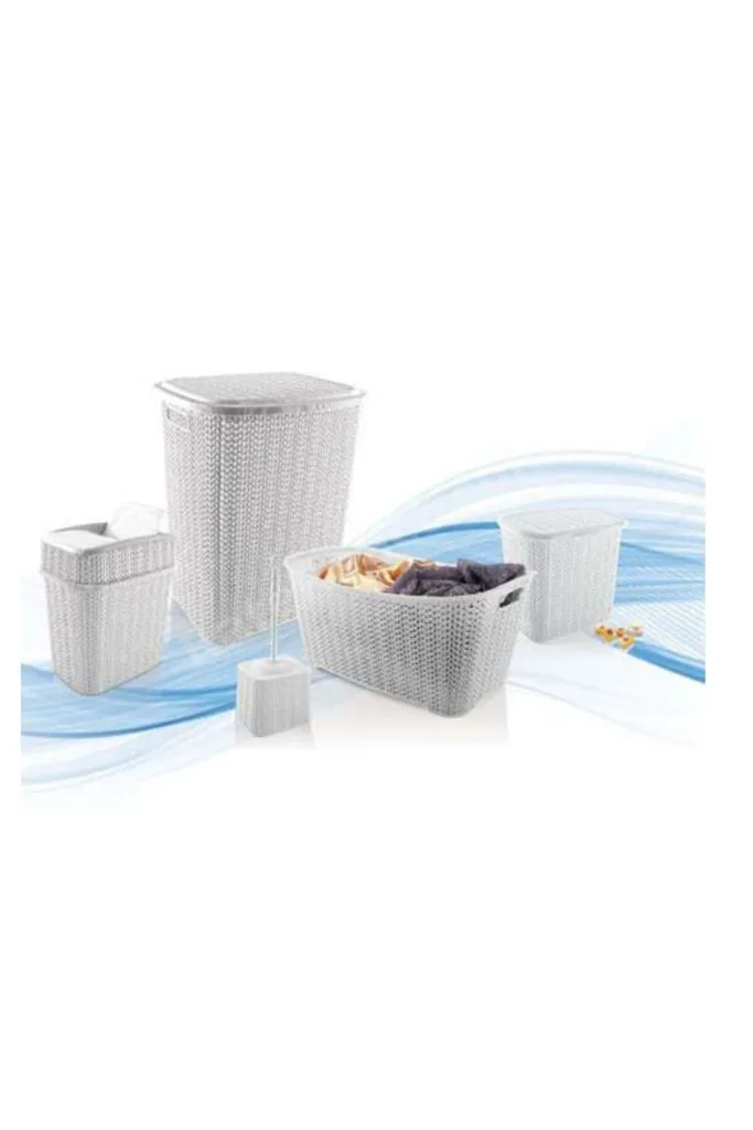 5 Parça Örgü Desenli Plastik Banyo Seti Çamaşır Sepeti Deterjanlık Çöp Kovası Klozet Fırçası - Gri