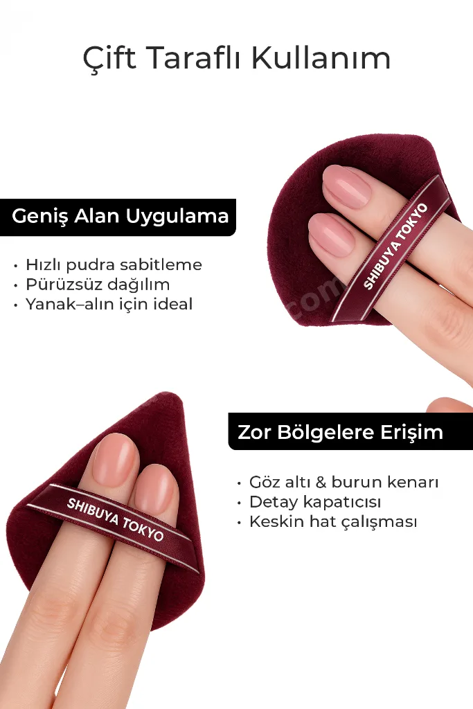 Üçgen Pudra Pufu ve Makyaj Süngeri 3’lü Set Kumaş Kese Bordo