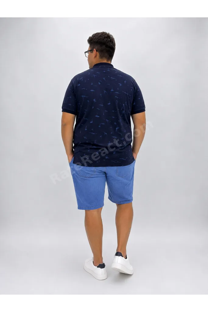 Büyük Beden Polo Yaka Düğmeli Yelken Figür Baskılı Erkek Tshirt