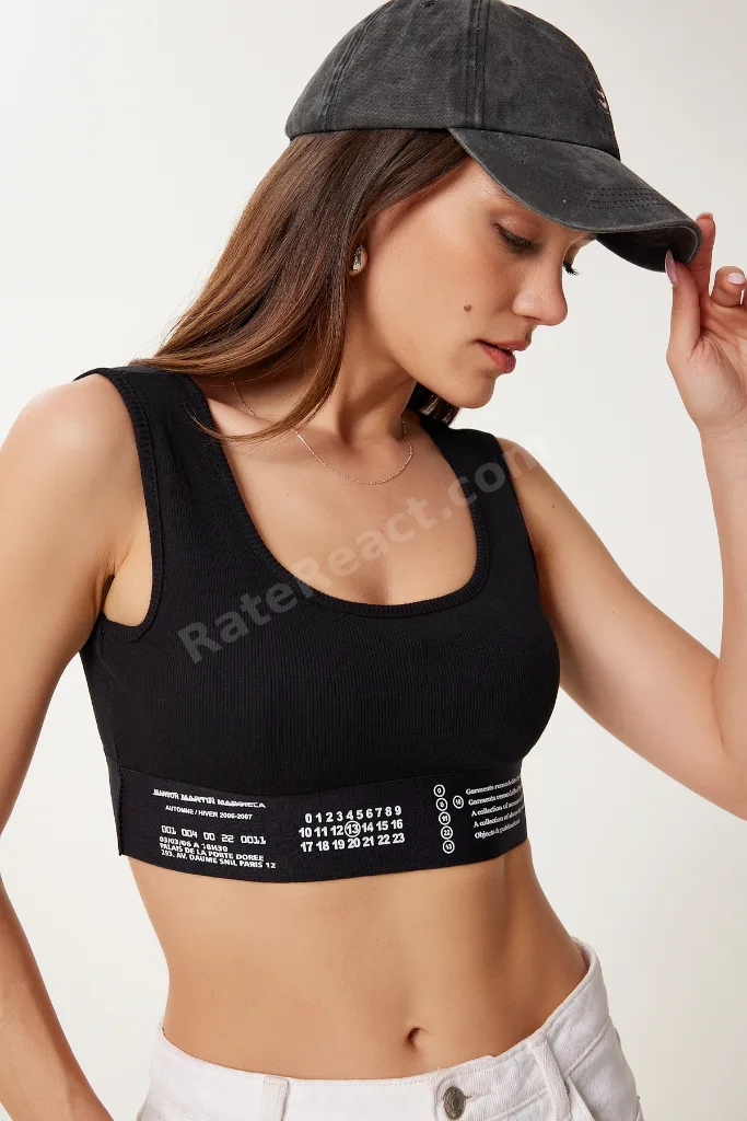 Kadın Siyah Baskılı Lastik Detaylı Fitilli Spor Sütyeni US00968
