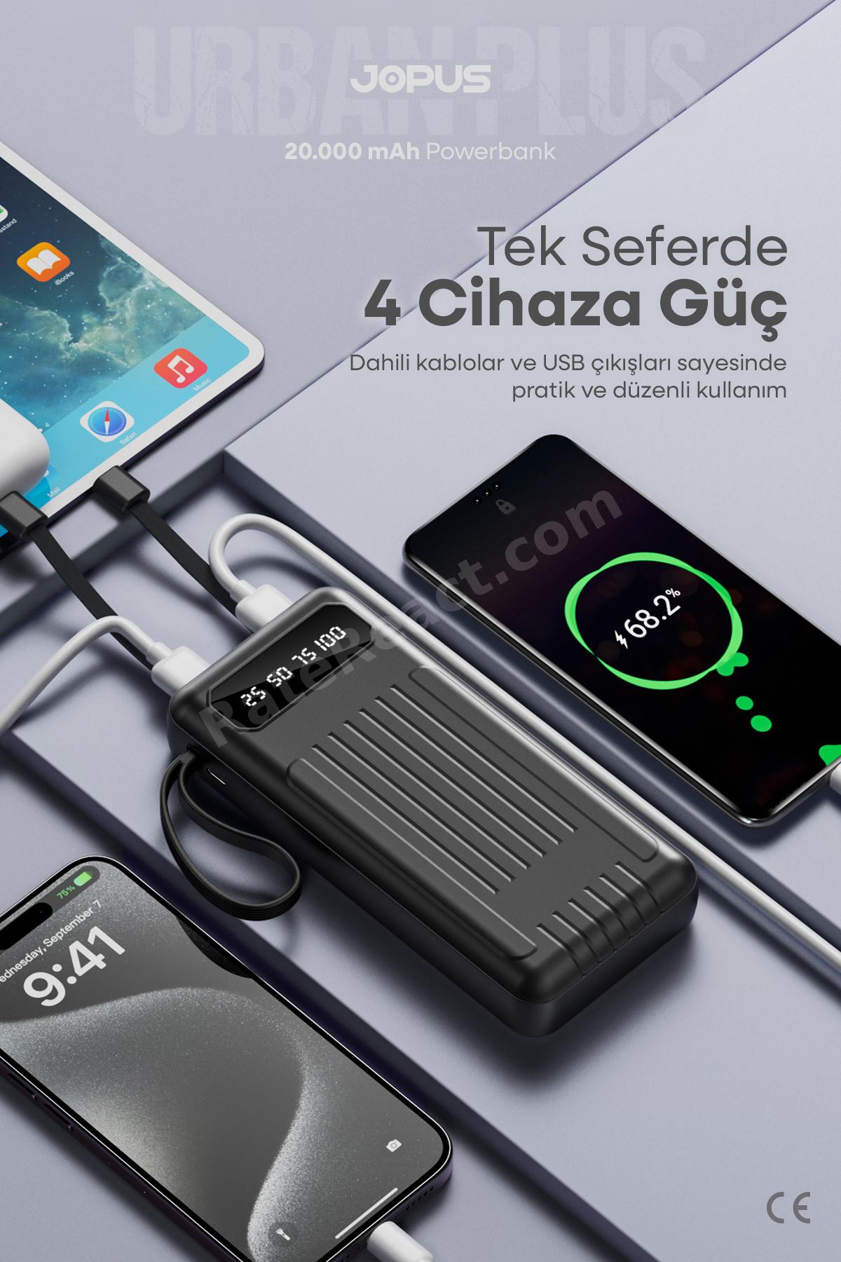 20000mAh PowerBank Dahili Kablolu, LCD Ekranlı, LED Lambalı, Taşınabilir Şarj Cihazı - Siyah JP-P11A