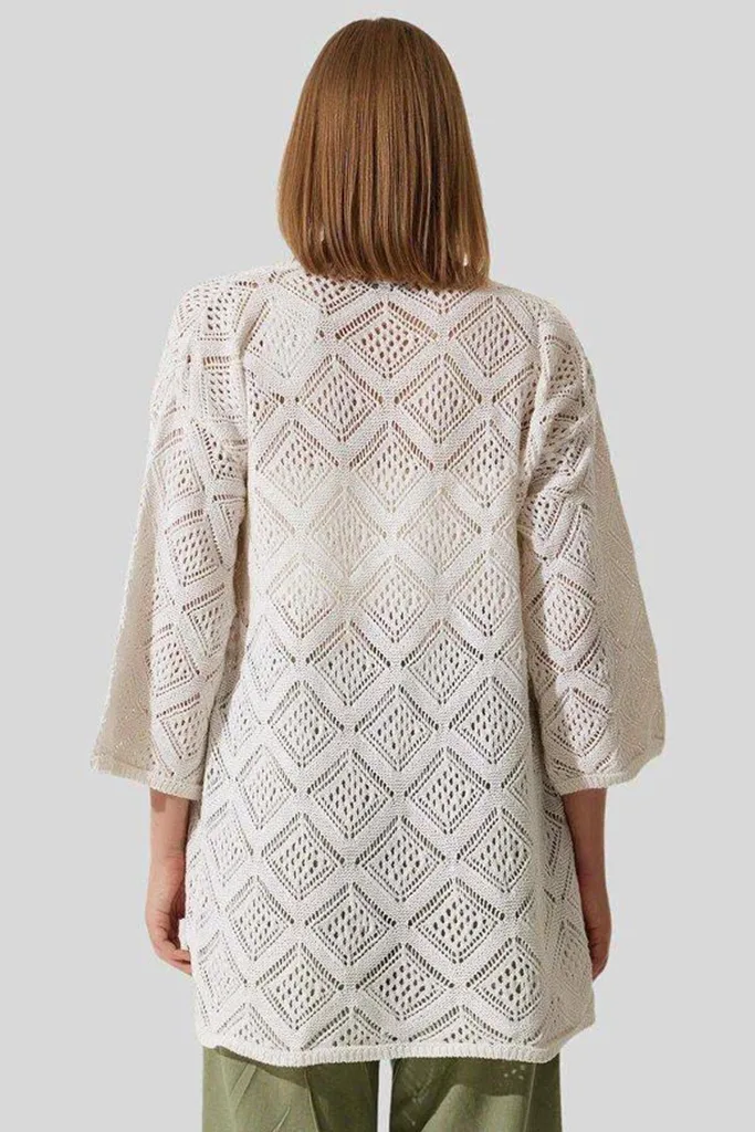 Kadın Ekru Ajurlu Triko Hırka – Salaş Yazlık Kimono Hırka