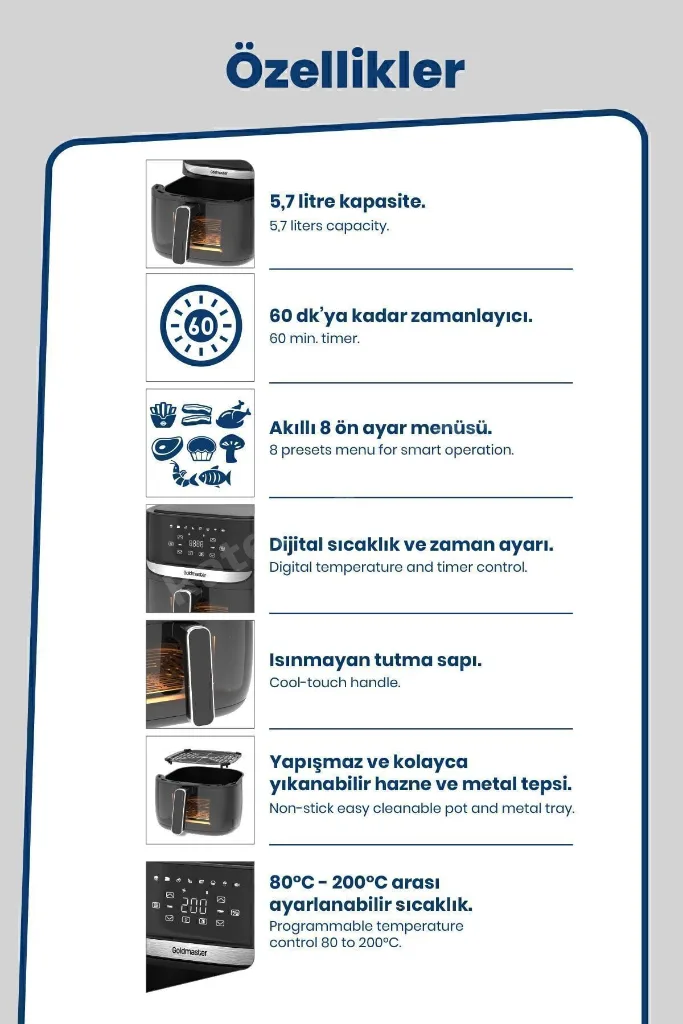 Bella 1700w Xl Dokunmatik Cam Kapaklı Aydınlatmalı 3kg Tartı Fonksiyonlu Airfryer Sıcak Hava Fritözü