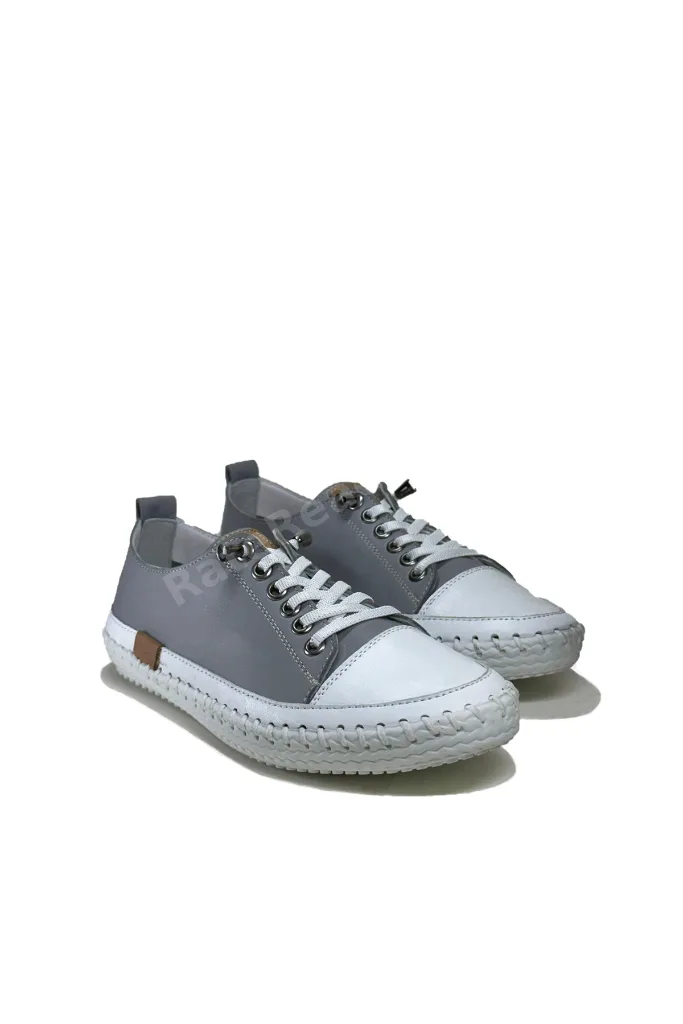 Kadın Hakiki Deri Gri Sneaker El Dikişli Günlük Spor Ayakkabı Bağcıklı Rahat Taban