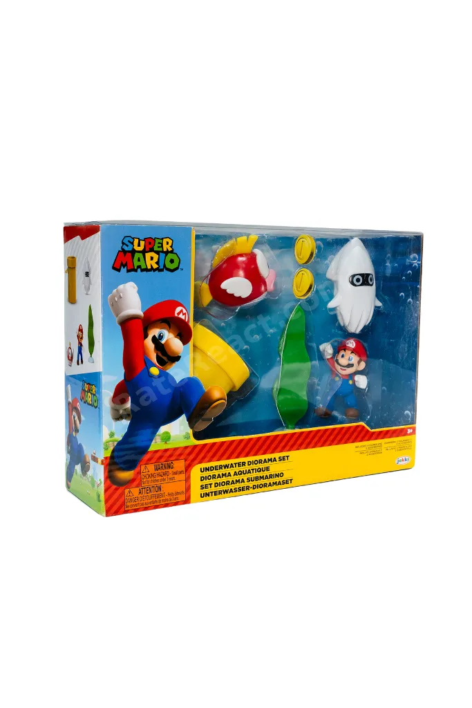 Super Mario Sualtı Diorama Oyun Seti, 6.5 cm Mario, Blooper ve Cheep Cheep Figürleri, Aksesuarlı Sualtı Temalı Oyuncak Seti