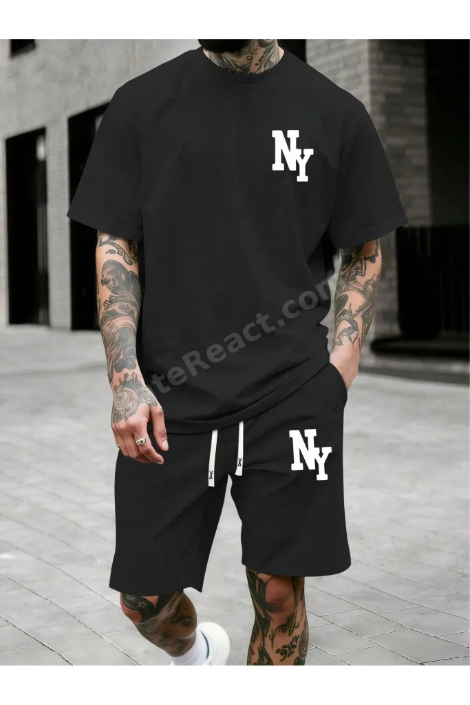 Erkek Siyah Oversize Baskılı Şort Takım Günlük ve Spor Stil