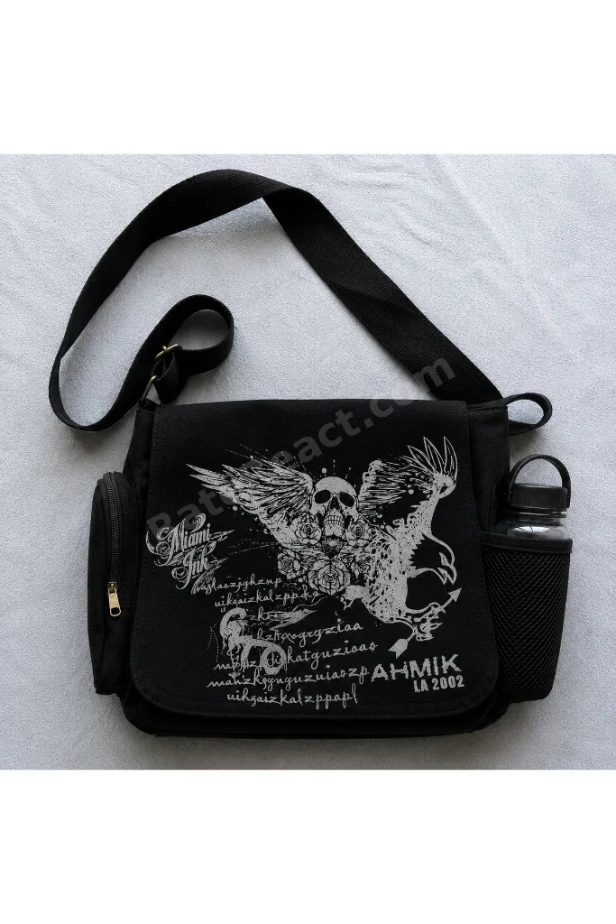 Waffle Baskılı Unisex Siyah Messenger Bag Hacimli Postacı Çanta/ Laptop Çantası/ Okul Çantası