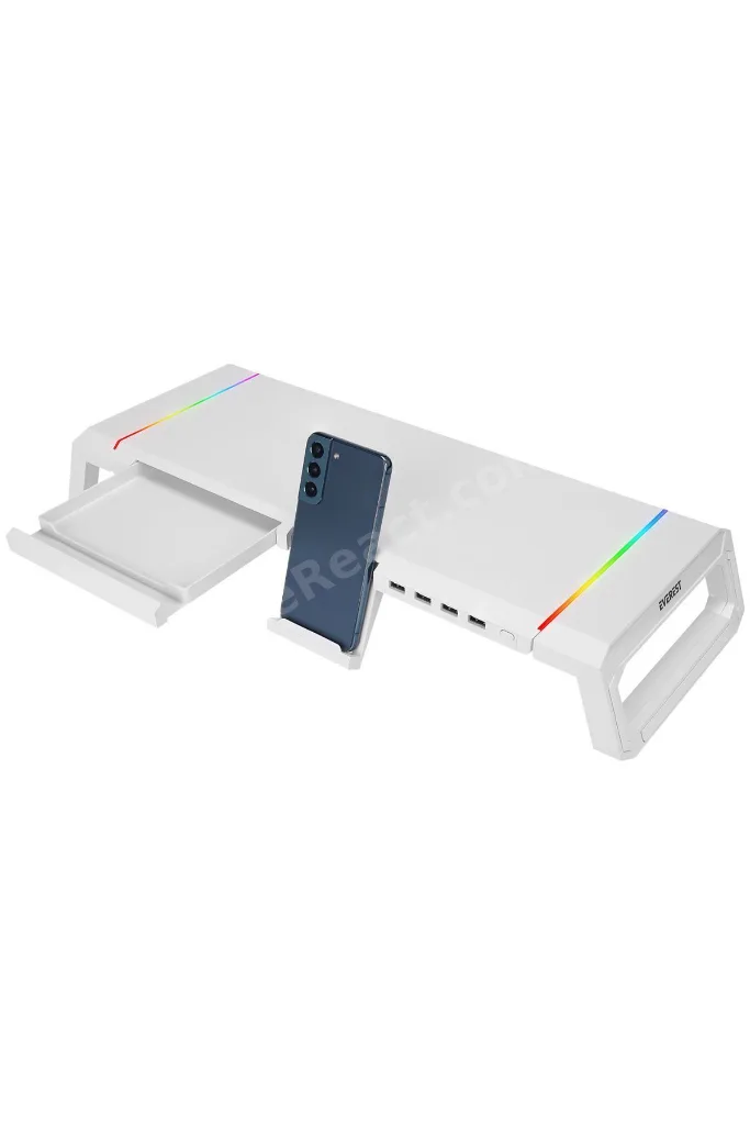 ST1 4 USB Hub RGB Işıklı Katlanabilir Yükseklik Ayarlı Beyaz Monitör Standı Yükseltici Stand