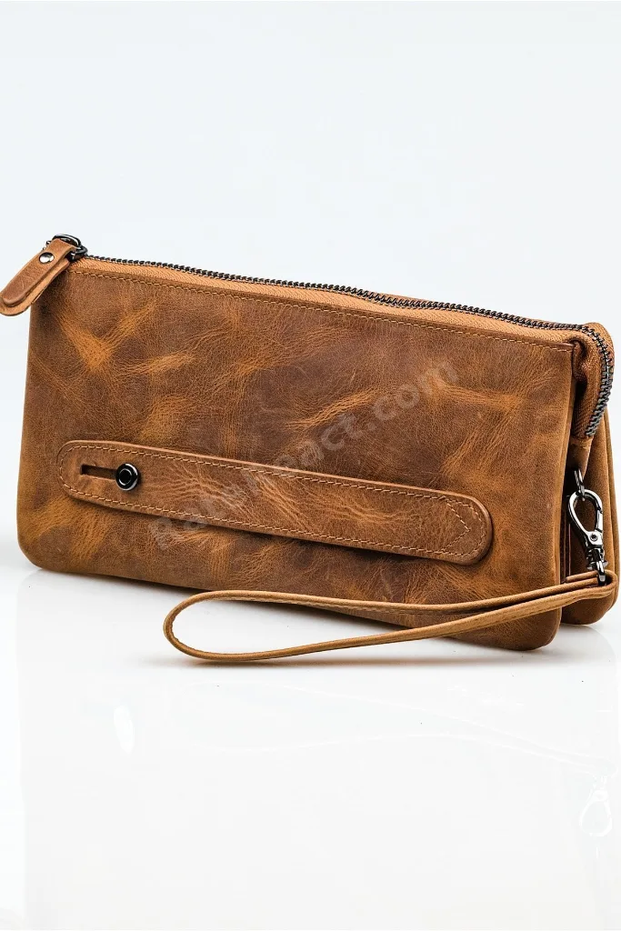 %100 Deri Unisex El Çantası - Erkek & Kadın Için Hediye - Hakiki Dana Derisi Çanta - Kahverengi/taba
