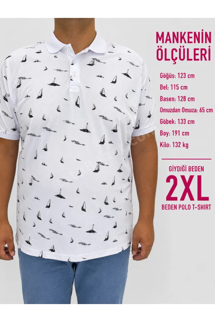 Büyük Beden Polo Yaka Düğmeli Yelken Figür Baskılı Erkek Tshirt