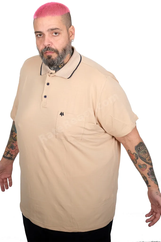 Mode XL Büyük Beden Erkek Likralı Süprem Cepli Polo Yaka T-Shirt 21558 BEJ