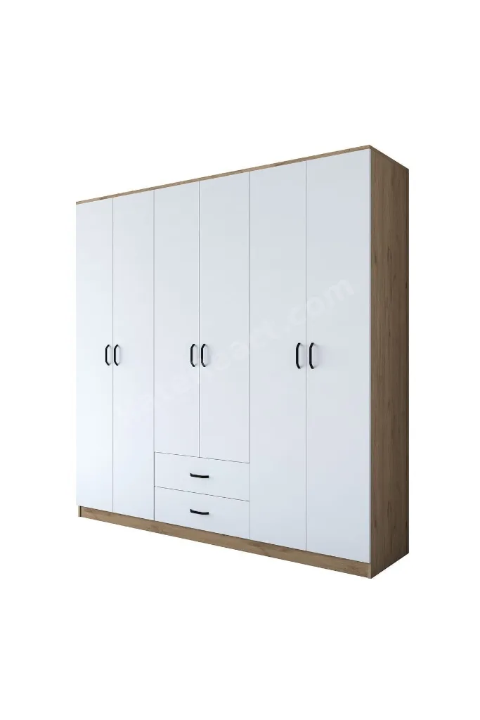 Rani Ba111 Geniş Gardırop Elbise Dolabı 6 Kapaklı 2 Çekmeceli 5 Raflı 3 Askılı Sepet Ceviz - Beyaz