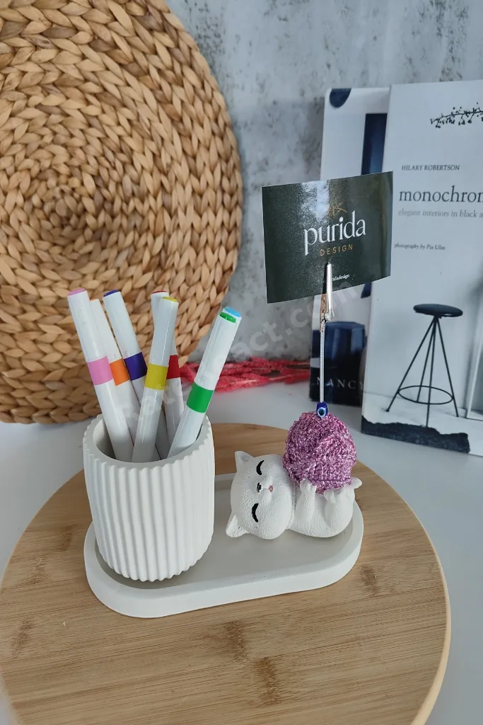 Purida Design Dekoratif Sevimli Kedi Kalemlik ve Notluk Seti