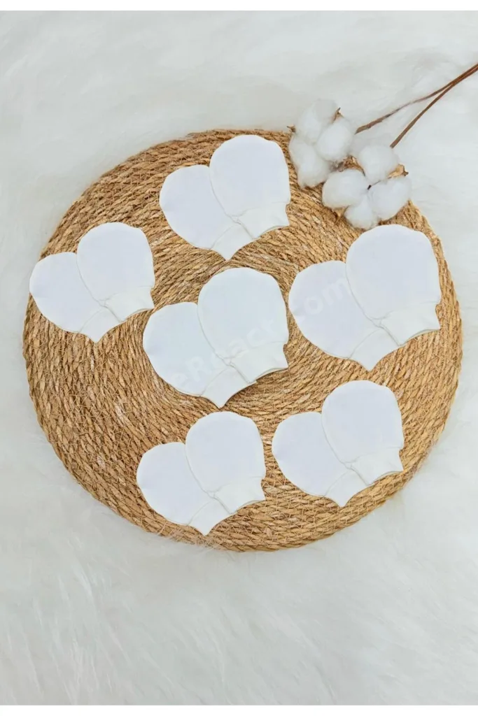 Unisex Bebek Yenidoğan Penye Organik Pamuklu Bebek Eldiveni 6 Çift Set -Beyaz