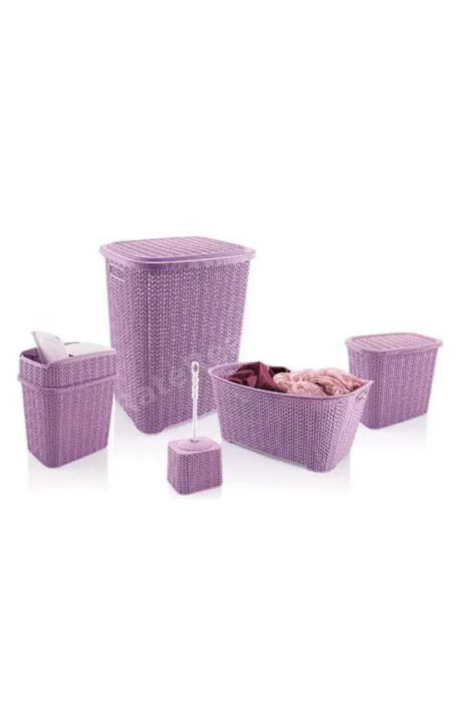 5 Parça Örgü Desenli Plastik Banyo Seti Çamaşır Sepeti Deterjanlık Çöp Kovası Klozet Fırçası - Mor
