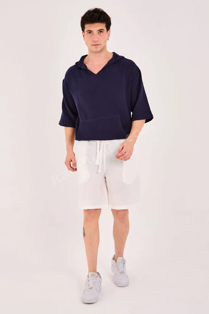 %100 Pamuk Yazlık Oversize Kapüşonlu Lacivert Sweatshirt