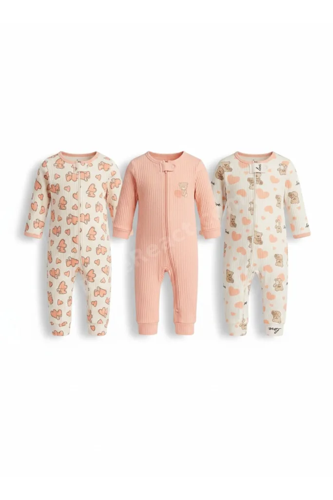 Kız Bebek Fermuarlı Ayıcık Kalp Baskılı Tulum 3'lü Paket Set