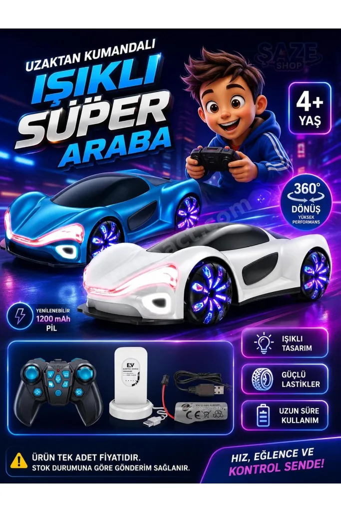 Uzaktan Kumandalı Işıklı Drift Araba Şarjlı RC Spor Araba 360° Dönen 4+ Yaş