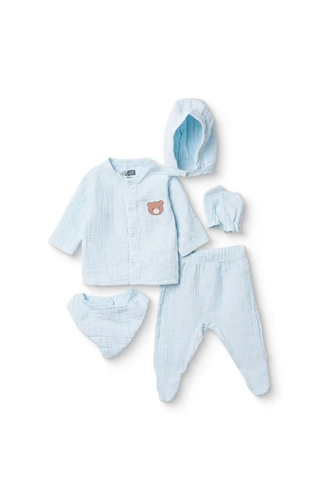 HelloBaby Erkek Bebek 5li Hastane Çıkışı Hayvan Baskılı Çıtçıtlı Bisiklet Yaka Uzun Kol Patikli