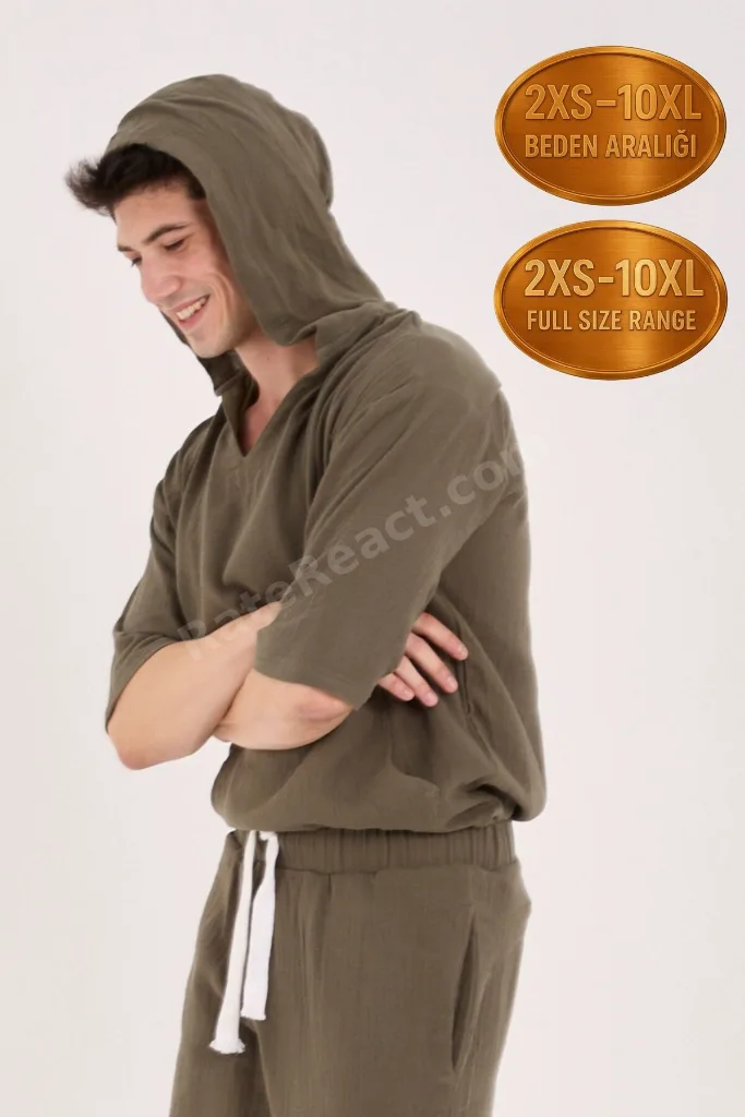 %100 Pamuk 2XS-10XL Arası Oversize Müslin Yazlık Hoodie Haki Yeşil