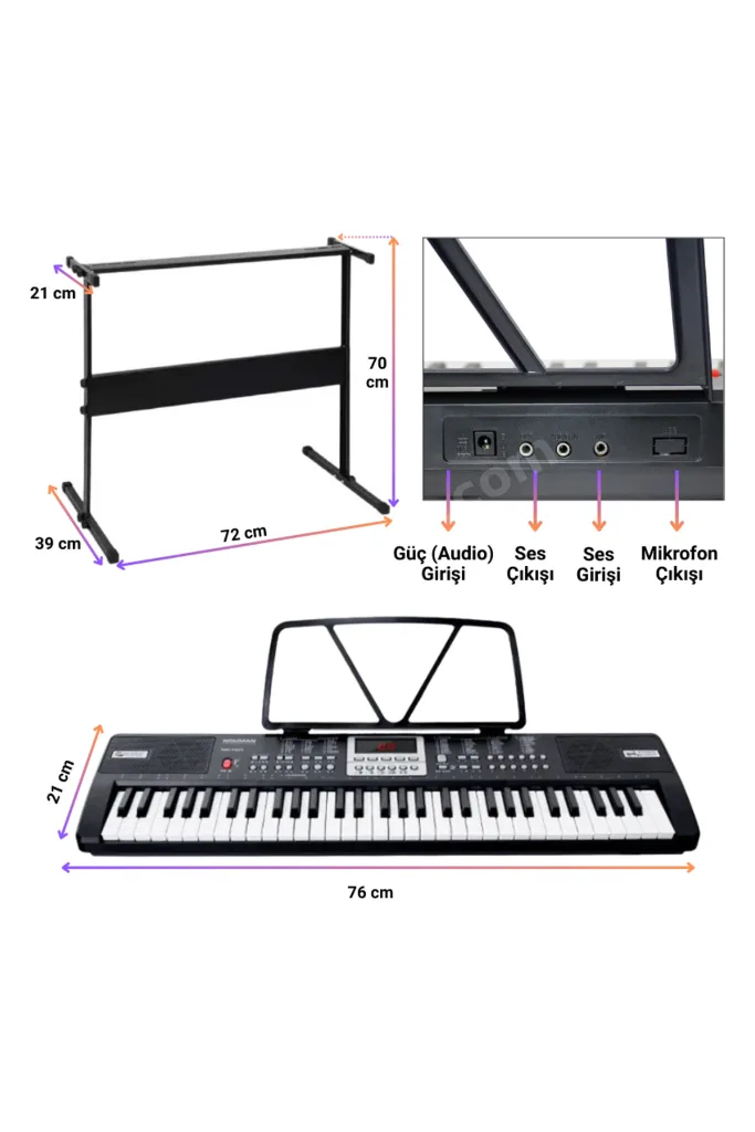 61 Tuşlu Elektronik Org Piyano Stantlı Mikrofonlu Çocuk Adaptör Ritimli Demolu Keyboard