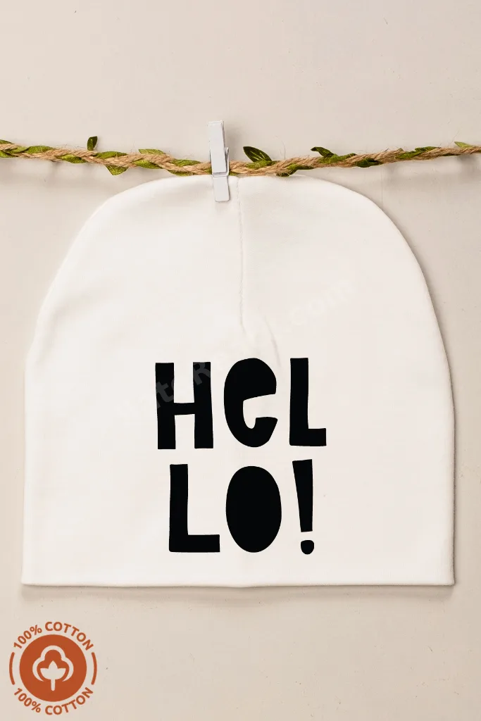Unisex Bebek Hello Baskılı Penye Organik Pamuklu Yenidoğan 2Li Bebek Bere Renkli Set