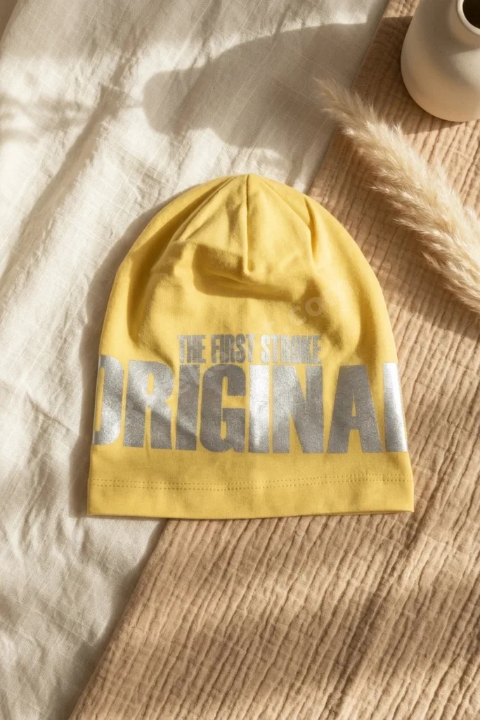 Nova Street Beyaz Pamuklu Bere - Sarı Gold Baskılı Hip-hop Tarzı Unisex Modern Şapka 2-4 Yaş